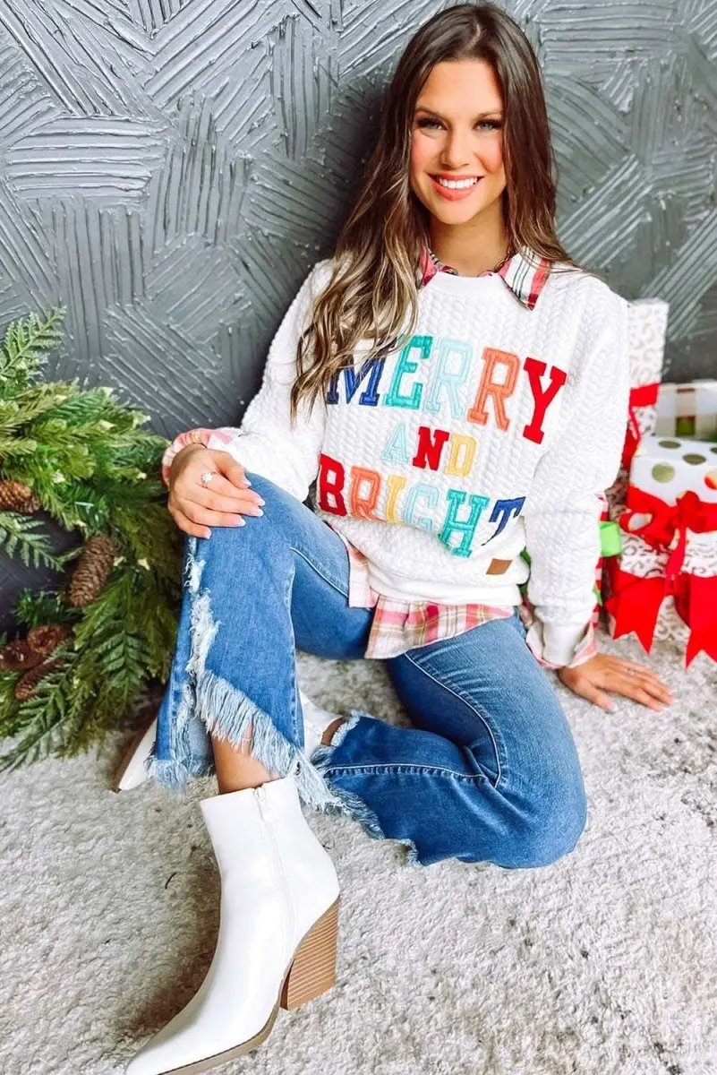 White Merry And Bright Cable Knit Pullover Sweatshirt - Love Salve